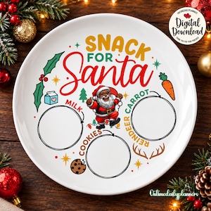 Puede incluir: Un plato de cerámica blanca con el texto "SNACK FOR Santa" en amarillo y rojo. Incluye ilustraciones de un Santa Claus negro, un cartón de leche, una zanahoria, una galleta y acebo. Tres círculos negros vacíos están etiquetados como Milk, Cookies y Reindeer Carrot.