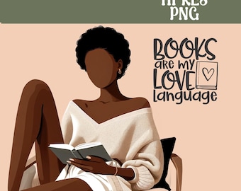 Book Lover PNG: Afro American Teacher Reading (Digital Download)