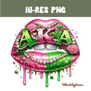 May include: A digital graphic of stylized lips in pink and green, adorned with pearls, roses, and the letters "AKA". The lips have a dripping effect, with the text "Hi-Res PNG" at the top.