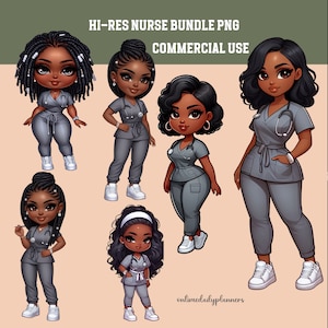 Bundle de cliparts PNG infirmière chibi : graphiques femme noire (licence commerciale)