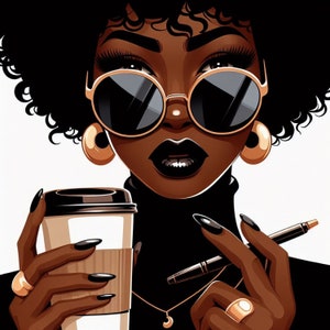 抽象的な黒人女性のグラフィックデザイン PNG クリップアート、コーヒー愛好家の壁アート アフリカ系アメリカ人のデジタル昇華 PNG、黒人女性の壁アート