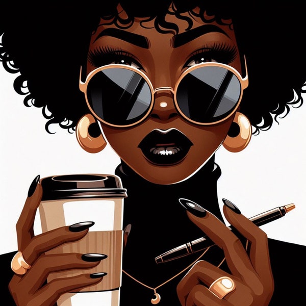 Abstrait fille noire conception graphique PNG Clipart, amateur de café art mural sublimation numérique afro-américaine PNG, art mural femmes noires
