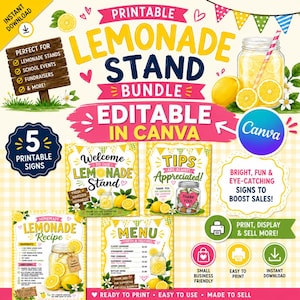 Può includere: Un pacchetto di insegne stampabili e modificabili per stand di limonata con grafiche di limoni gialli, illustrazioni di barattoli di vetro e testo che include Lemonade Stand, Tips Are Always Appreciated, Homemade Lemonade Recipe e Menu su sfondo a quadretti gialli.