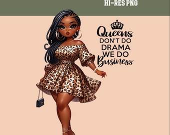 Curvy Chibi African American Woman PNG: Leopard Print Boss Lady