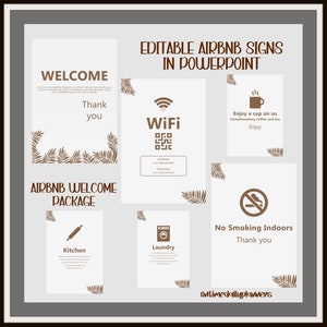 Puede incluir: Señales de Airbnb editables en PowerPoint. Las señales incluyen una señal de bienvenida, una señal de WiFi, una señal que dice "Disfruta de una taza por nuestra cuenta", una señal de no fumar, una señal de cocina y una señal de lavandería. Las señales están decoradas con hojas de palma marrones.