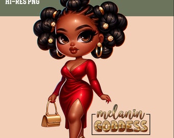 Chibi Clipart: Curvy Melanin Fashion Girl PNG (Digital Download)