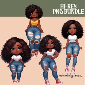 Curvy Girl Clipart, Denim Girl PNG, African American Clipart, Afro Girls PNG Digital Download, Natural Hair Fashion Girl Design Clipart