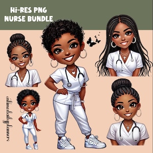 Puede incluir: Ilustración digital de un paquete de enfermeras con múltiples imágenes de mujeres negras sonrientes con batas blancas, estetoscopios y collares de cruz. El texto "Hi-Res PNG Nurse Bundle" está en la parte superior y "ontimedailyplanners" en el lateral.