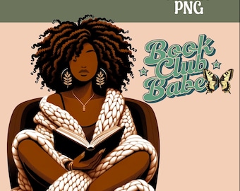 Mujer negra leyendo: Club de lectura PNG (Descarga digital)