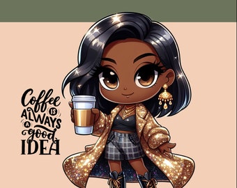 Chibi Black Woman Coffee Lover PNG - Sublimation Design (Digital Download)