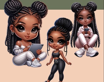 May include: Three digital illustrations of Black chibi dolls with braided hairstyles. The dolls are wearing different outfits, including a white tracksuit, a black sports bra and pants, and a pink tracksuit. The dolls are holding a tablet, a phone, and a phone.