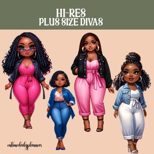Lot PNG Chibi Curvy Girl noire : clipart afro grande taille