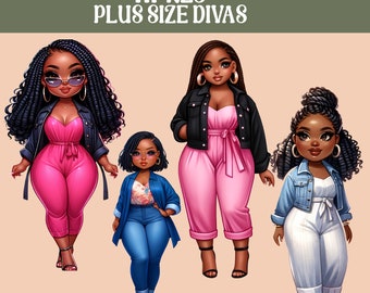 Chibi Curvy Black Girl PNG Bundle: Afro Plus Size Clipart