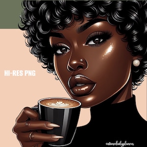 Black Woman Coffee Art: Afro Diva PNG Clipart (Digital)