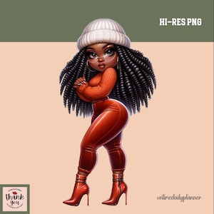 Chibi Curvy African American Woman PNG: Print On Demand (Digital Download)