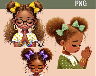 May include: Three digital illustrations of young girls with curly brown hair wearing colorful bows and dresses. Each girl has her hands clasped in prayer. The girls are all smiling.