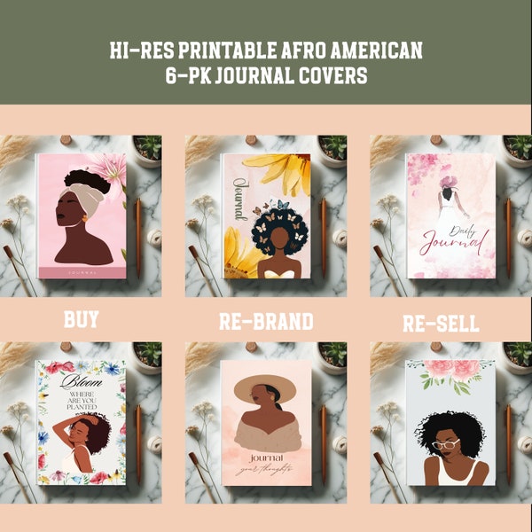 African American Journal Covers Bundle 6-PK Journal Covers for Rebranding and Resell, Commercial Use Journal Cover Bundles