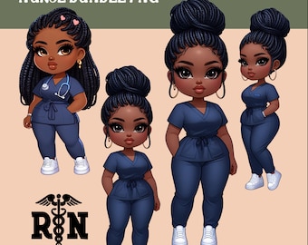 May include: Digital clipart set of four cartoon nurses with dark skin, black braids, and blue scrubs. The nurses are wearing white sneakers and have different hairstyles. The text "RN" with a medical symbol is in the bottom left corner.