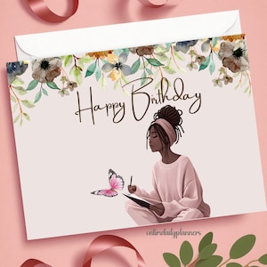 Cartão de aniversário imprimível para mulheres negras, cartão de felicitações desejo de feliz aniversário para meninas negras, cartão de felicitações afro-americano para impressão personalizável