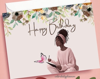Printable Birthday Card for Black Women, Greeting Card Black Girl Happy Birthday Wish, Afro American Printable Greeting Card Customizable