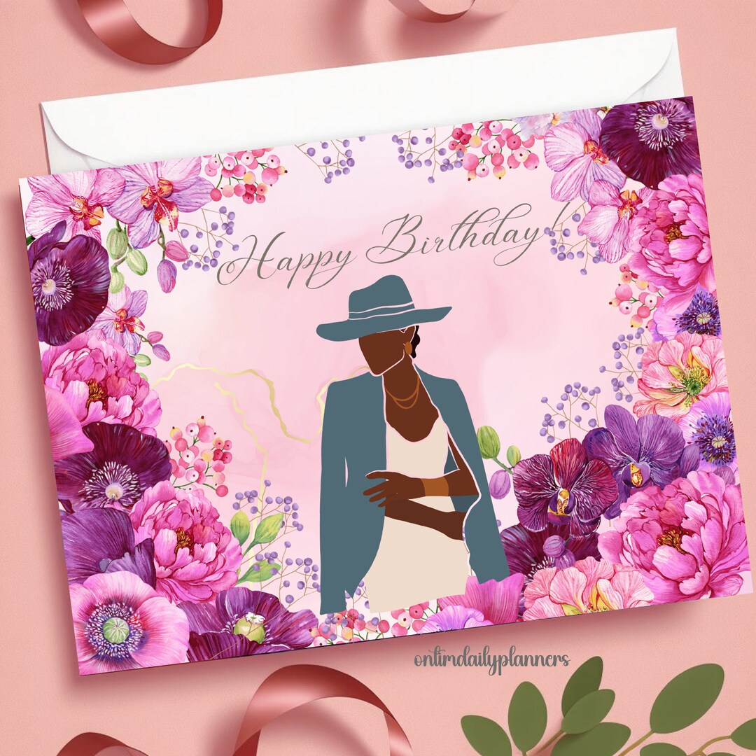 Floral Afro American Printable Birthday Card, African American Woman
