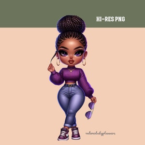 Chibi African American Woman PNG: Curvy Girl Illustration (Digital Download)