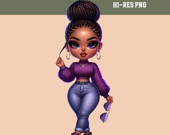 Puede incluir: Una ilustración de dibujos animados de una mujer negra con un suéter morado, jeans azules y zapatillas. Tiene un moño de trenzas en el pelo y sostiene unas gafas de sol en su mano derecha.