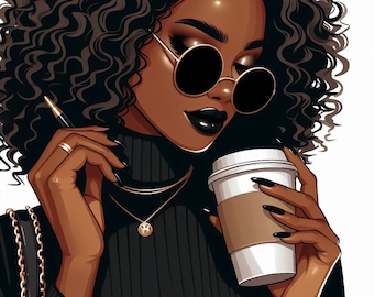 Black Girl Coffee Art: Afro American Woman PNG Clipart (Digital Download)