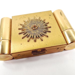 Art Deco Design Raised 3D Starburst Gold Tone Mirror Powder Lipstick Perfume Compact Combo Combination Lipstick & Glass Perfume Bottle