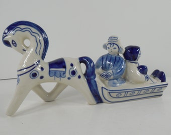 Very rare soviet Porcelain figurine white blue Horse stallion Gzhel cobalt hand painting Russia USSR 1970-80s