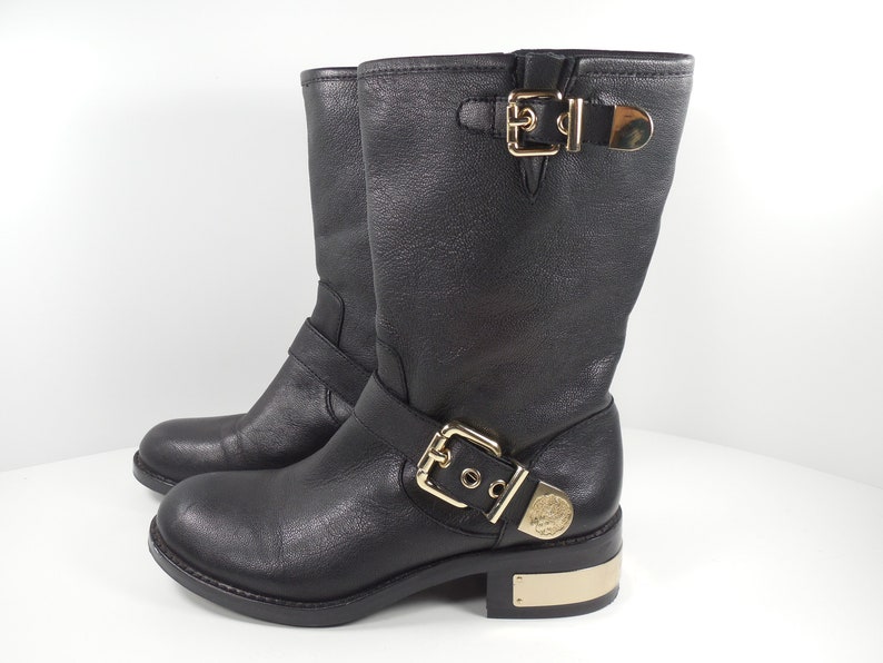 Vince Camuto Winchell Moto Mid Calf Black Leather Boots Size 6 Gold ...