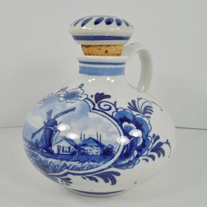 Bols Zenith Holland Blue Delft Decanter Cruet Cork Lid Jug Carafe White Ceramic Cobalt Blue Hand Painted Windmill Cottage Houses Flowers