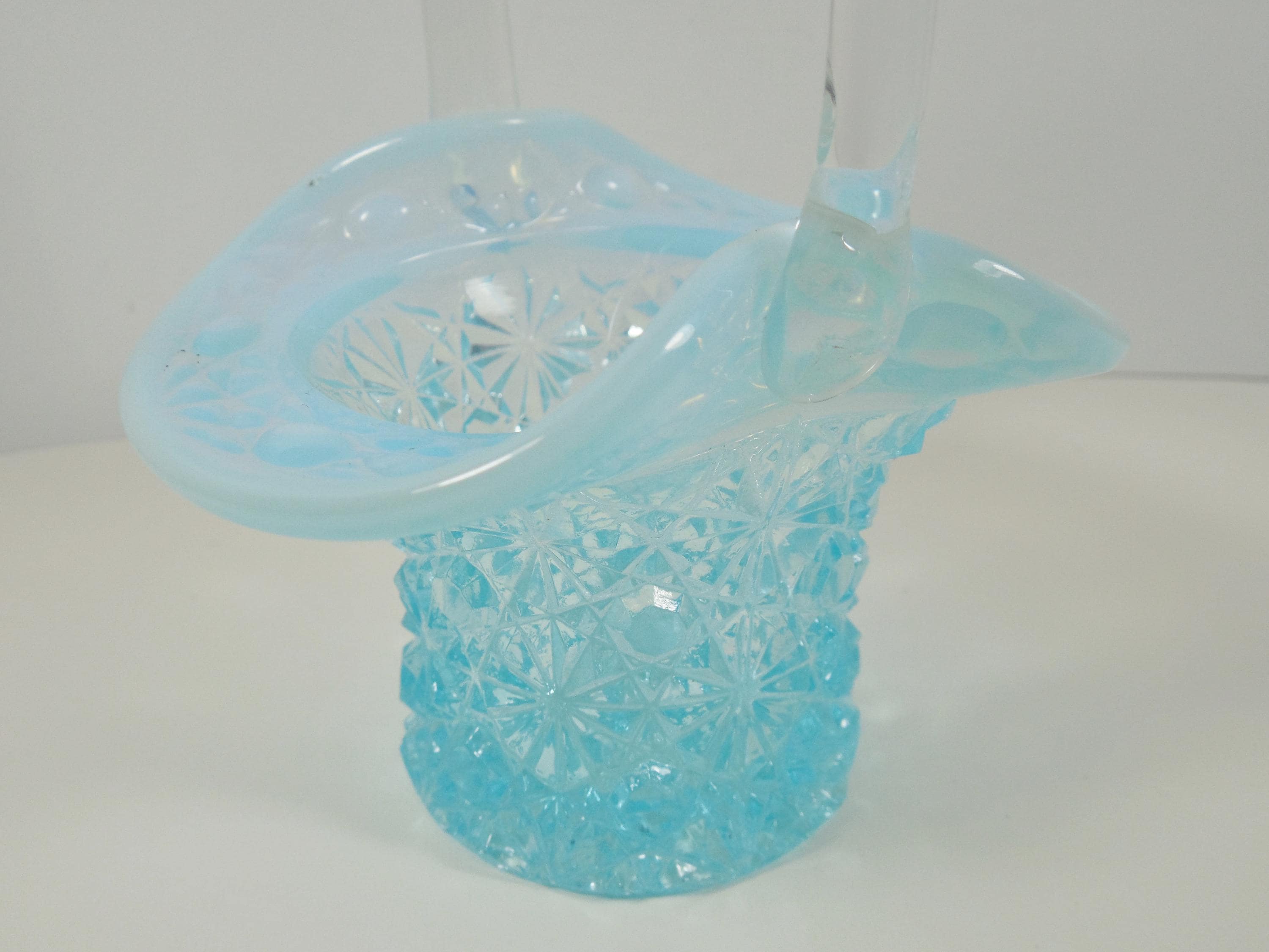 Fenton Aqua Blue Opalescent Daisy and Button Glass Handle Basket