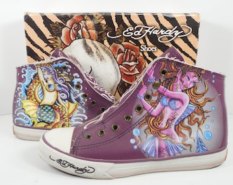 Ed Hardy Highrise Mermaid Sneakers Size 7 Purple High Tops Ankle Boots Slip On Snap Faux Lace Up Two 2 Mermaid Fish Designs Original Box