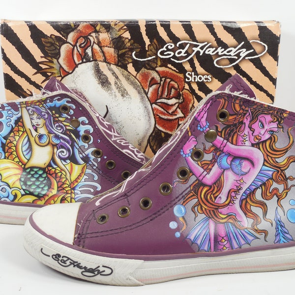 Ed Hardy Highrise Mermaid Sneakers Size 7 Purple High Tops Ankle Boots Slip On Snap Faux Lace Up Two 2 Mermaid Fish Designs Original Box