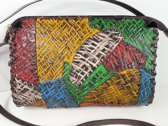 Patchwork Tooled Leather Signed KK Hand Crafted P… - image 3