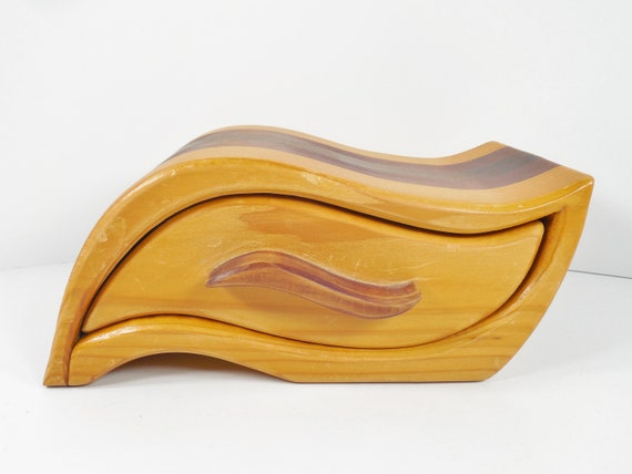 Wood Wooden Wave Curved Design Jewelry Box Hidden… - image 1