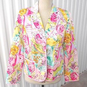 Notches Petite Pink Yellow Green Blazer Jacket Size PM Petite Medium Floral Architectural Scenic Cotton Flower Buttons Pockets Fully Lined