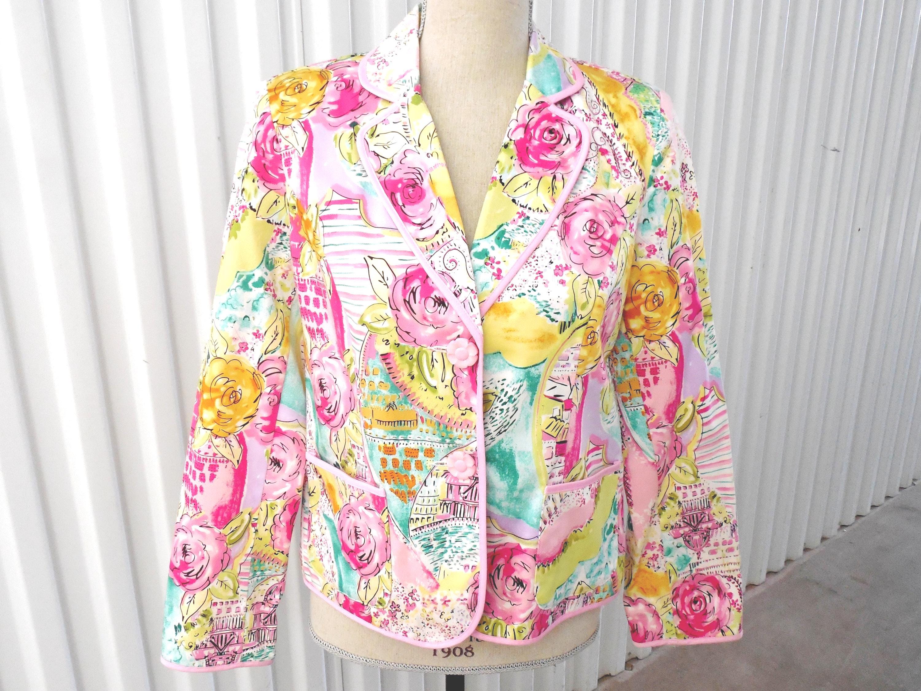 Notches Petite Pink Yellow Green Blazer Jacket Size PM Petite Medium Floral Architectural Scenic Cotton Flower Buttons Pockets Fully Lined
