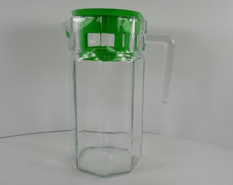 Mid Century MCM Art Deco Design Pasabahce Glass Handle Carafe Pitcher Decanter Jug 40 ozs Ounces Made In Turkey Octagon 8 Sided Shaped