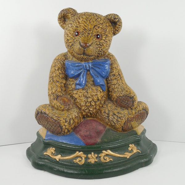 Teddy Bear Figurine Cast Iron Pot Metal Doorstop Statue Sculpture Solid Heavy Metal Painted Tan Brown Bear Blue Bow Green Gold Red Blue Base