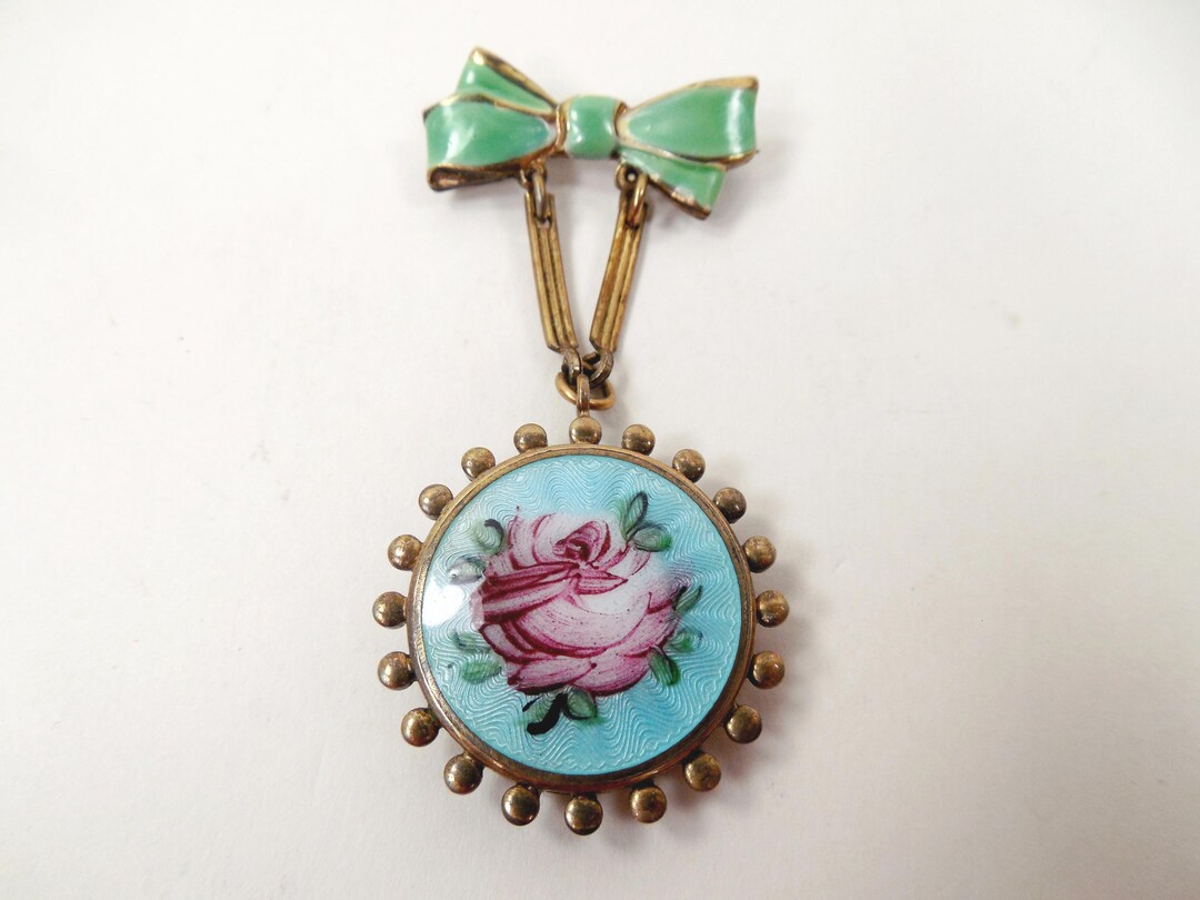 Blue Guilloche Enamel Hand Painted Pink Rose Flower Green Enamel Bow ...