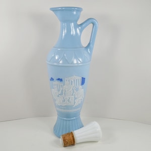 Mid Century 60&#39;s Jim Beam Grecian Greek Handle Urn Pitcher Decanter Carafe Blue Milk Glass White Dark Blue Plato Socrates Aristotle Design
