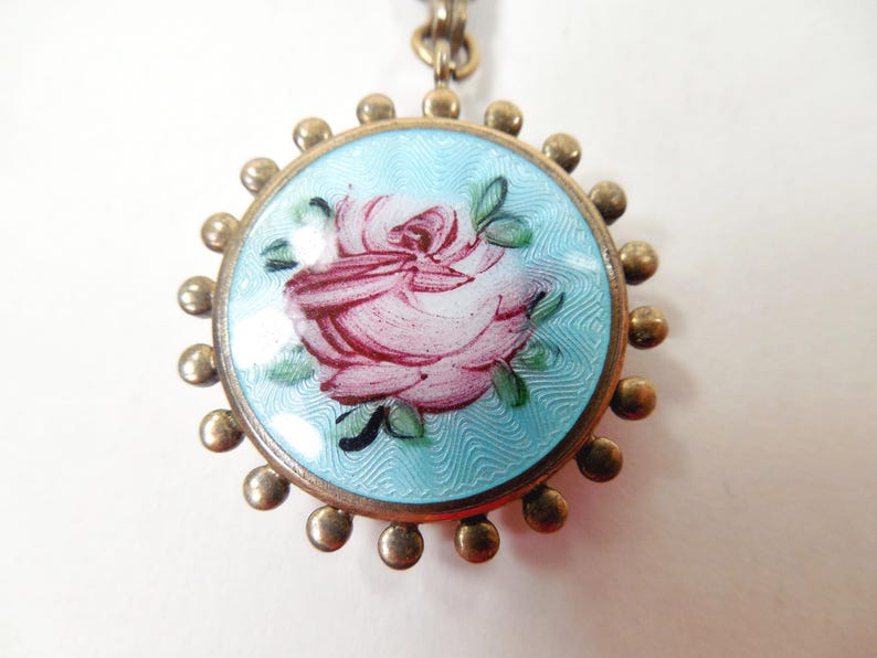 Blue Guilloche Enamel Hand Painted Pink Rose Flower Green Enamel Bow ...