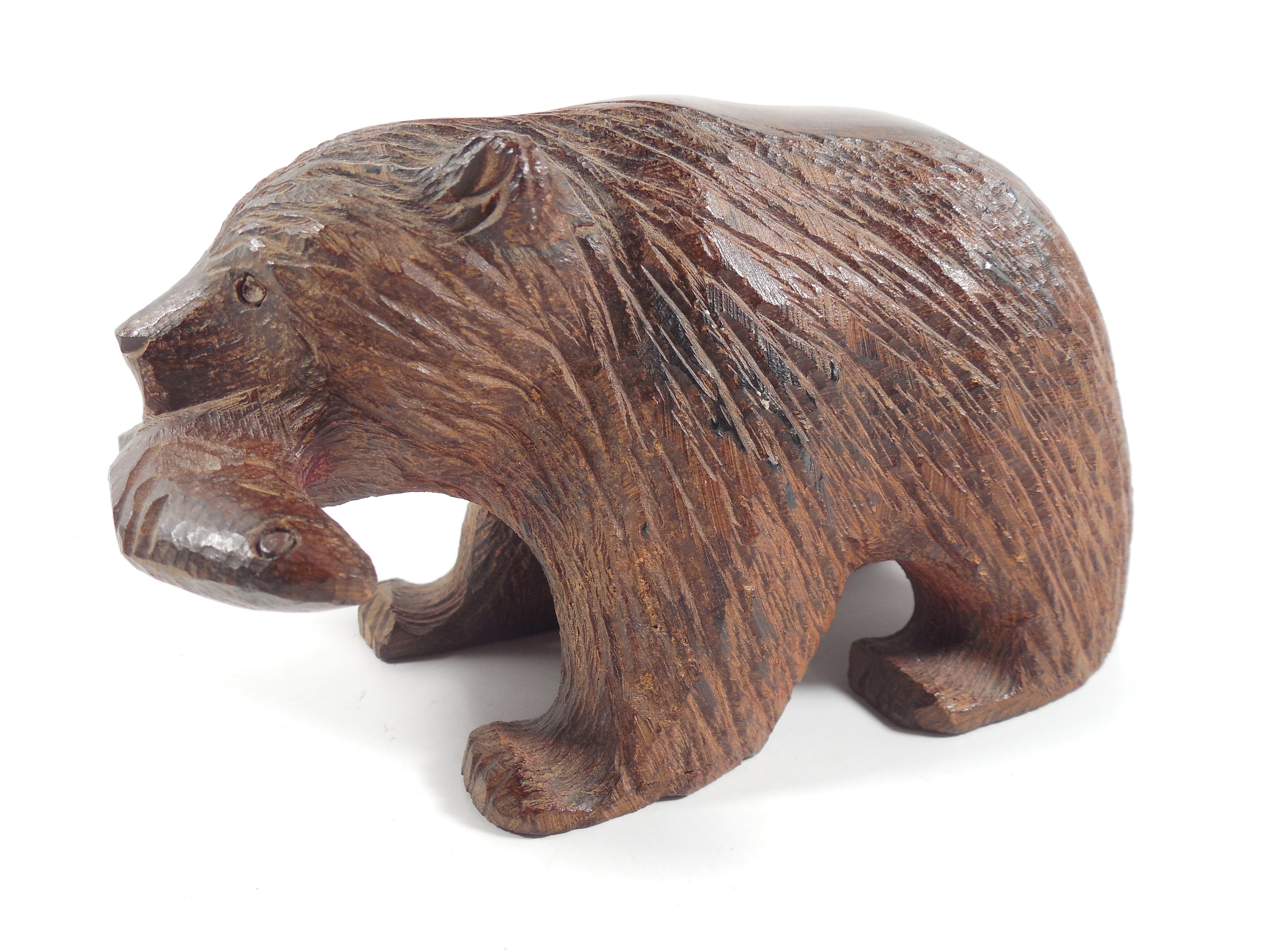 Ironwood Carved Wood Wooden Bear Carrying Fish in Mouth Sculpture