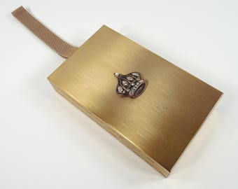 Art Deco Brushed Gold Metal Crystal Crown Design Minaudiere Clutch Purse Handbag Mirror Powder Lipstick Cosmetic  Cigarette Case Mesh Handle