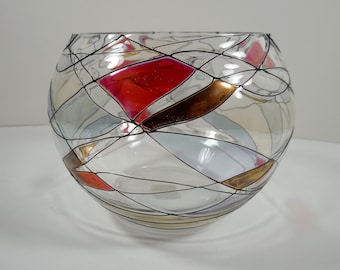 Mosaic Calypso Stained Glass Art Glass Bowl Votive Tea Light Lite Candle Holder Rose Bowl Vase 4 Inch Ht Hand Crafted Romania For PartyLite