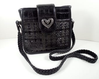 Brighton Woven Black Embossed Croc Gator Alligator Leather Crossbody Shoulder Strap Bucket Bag Purse Handbag Fold Over Flap Silver Hardware