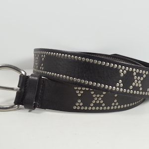 Fossil Black Leather Silver Studded Belt Size L Large Grained Genuine Leather X Design Flat Nail Head Silver Metal Rivet Studs Silver Buckle
