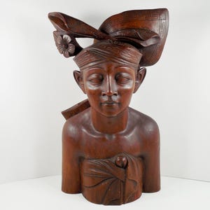 Klungkung BALI Indonesia Signed Man Male Wood Wooden Bust Sculpture Statue Figurine Hand Carved Traditional Indonesian Balinese 14 Inch